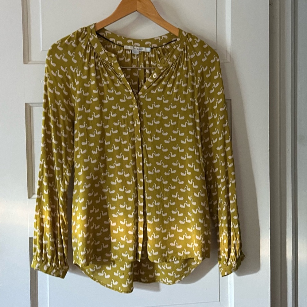 Boden Mustard Swan Patterned Blouse XS